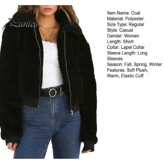 Lapel Women Jacket Winter Coat Thick Plush Solid Color Long Sleeve Zip Up Soft Warm Pockets Casual Elastic Cuff Outdoor Short Cold Weather