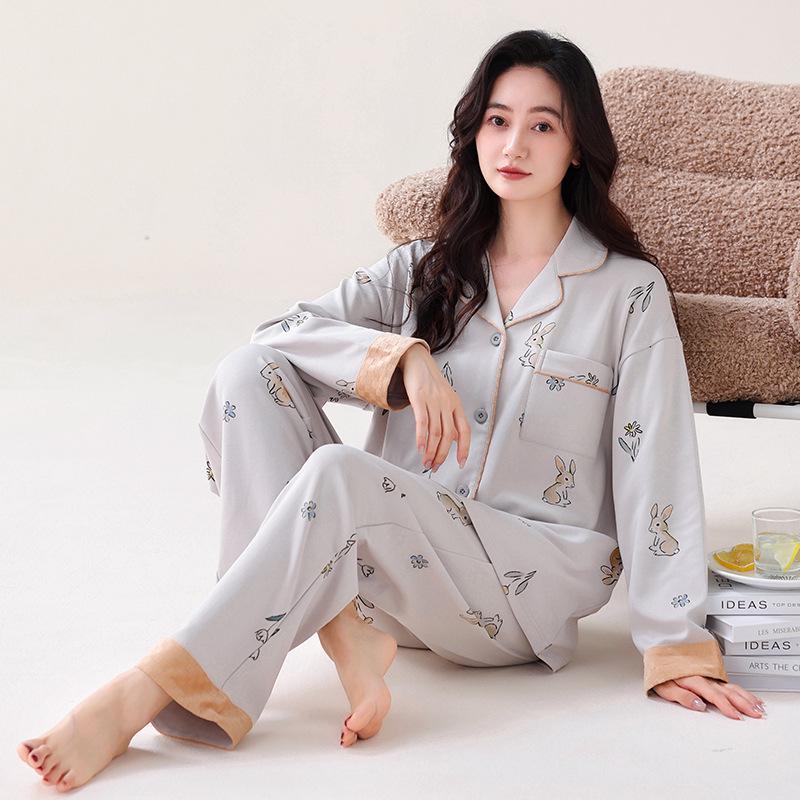 Women's Long Sleeve Lapel Cardigan Pajama Set - Pure Cotton, Casual Home Wear, Can Be Worn Outside.