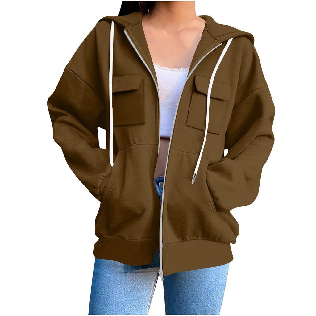 Women's Plain Zip-Up Hoodie - Oversized Long Sleeve Hooded Sweatshirt for Street Casual Wear
