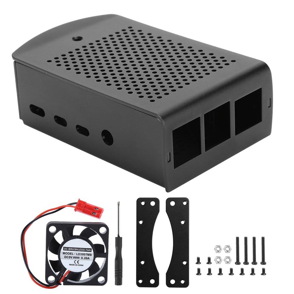 Aluminum Alloy Protective Case Cover Enclosure with Cooling Fan for Raspberry Pi 4B(Black Shell Aluminum Alloy Shell