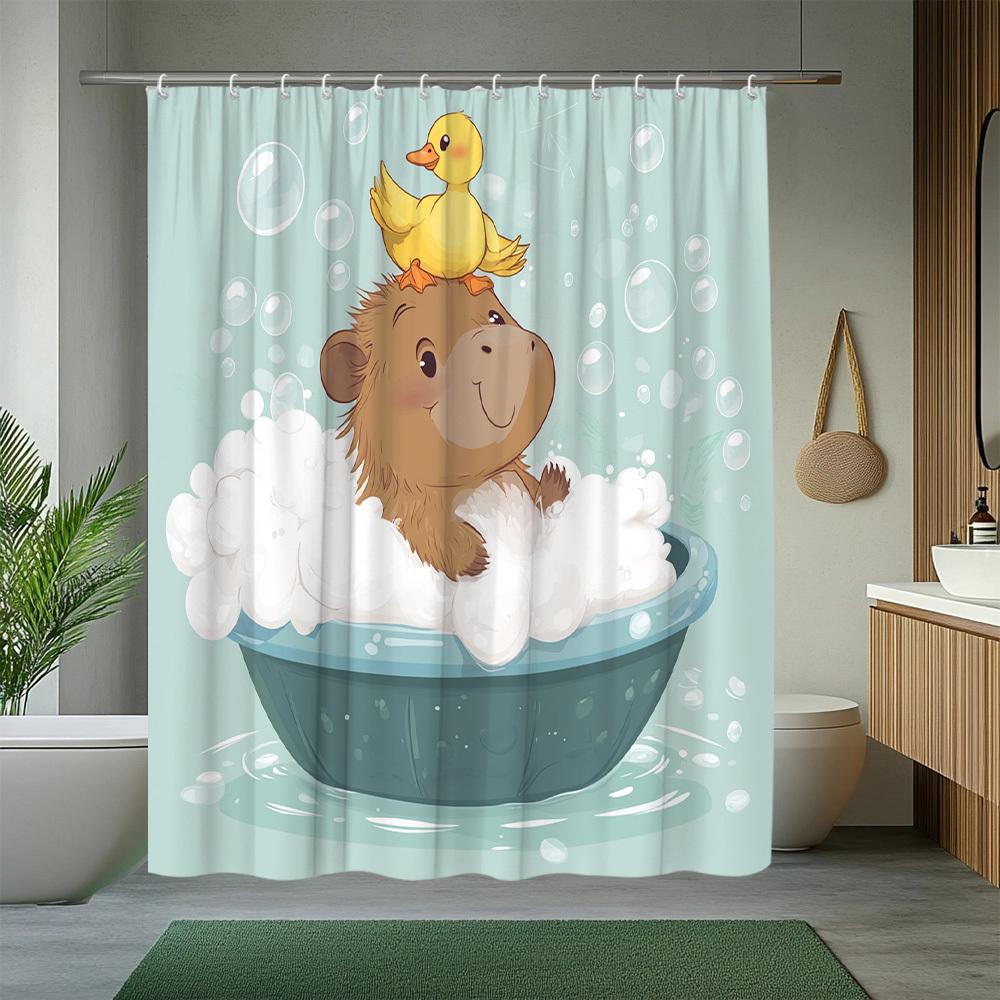 1Pc Fun Animal Theme Shower Curtain Cute Hippo And Duck Bubble Shape Fresh Watercolor Style Vivid Pattern Add Unique Charm To Ba