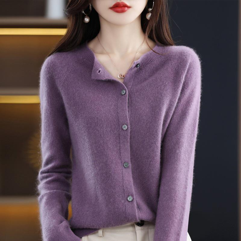Women's Pure Wool Loose Knit Cardigan - Autumn Solid Color Sweater Top