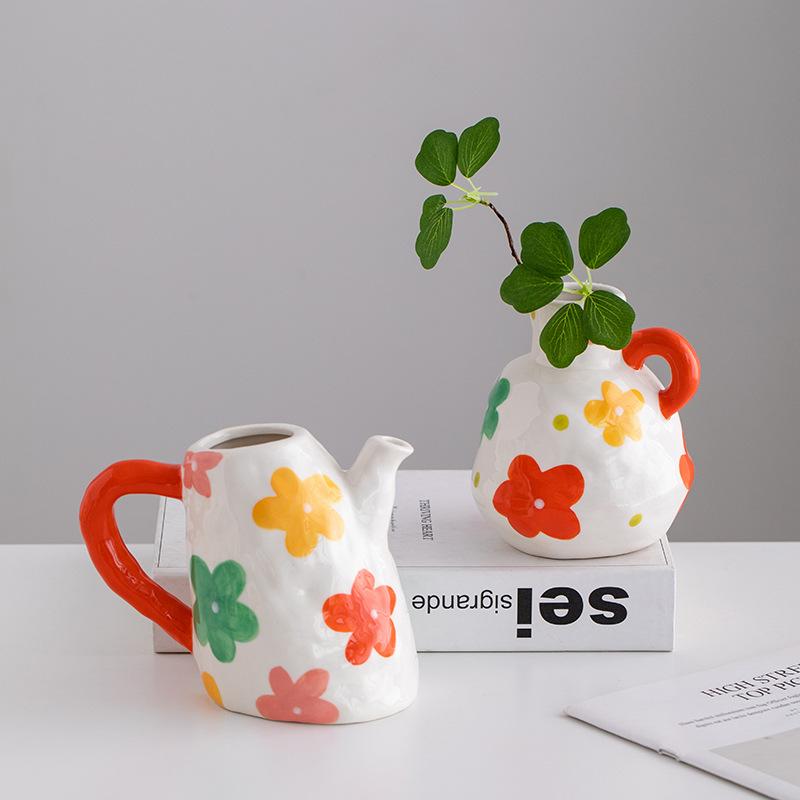 Colorful Flower Flower Vase Floral Arrangement Accessories Handle Pot Ceramic Vase Home Decoration Accessories Plant Pot