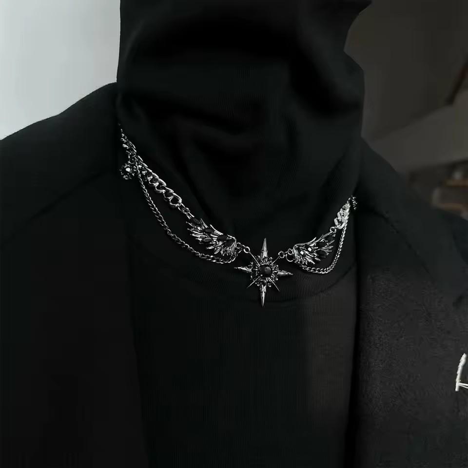 Gothic Dark Style Metal Wings Star Cross Thorny Heart Pendant Necklace Y2K Personalized Creative Punk Women Men Charm Jewelry