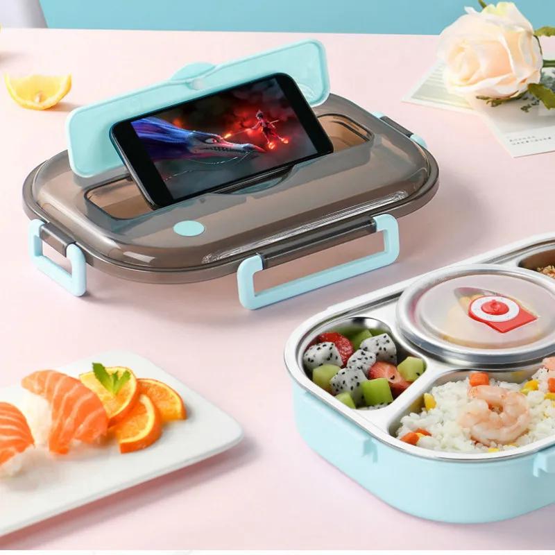 Caja de Almuerzo Aislada de Acero Inoxidable 304 Fiambrera Picnic Almacenamiento Cuatro Compartimentos Caja de Almuerzo Sellada con Recipiente para Sopa LS