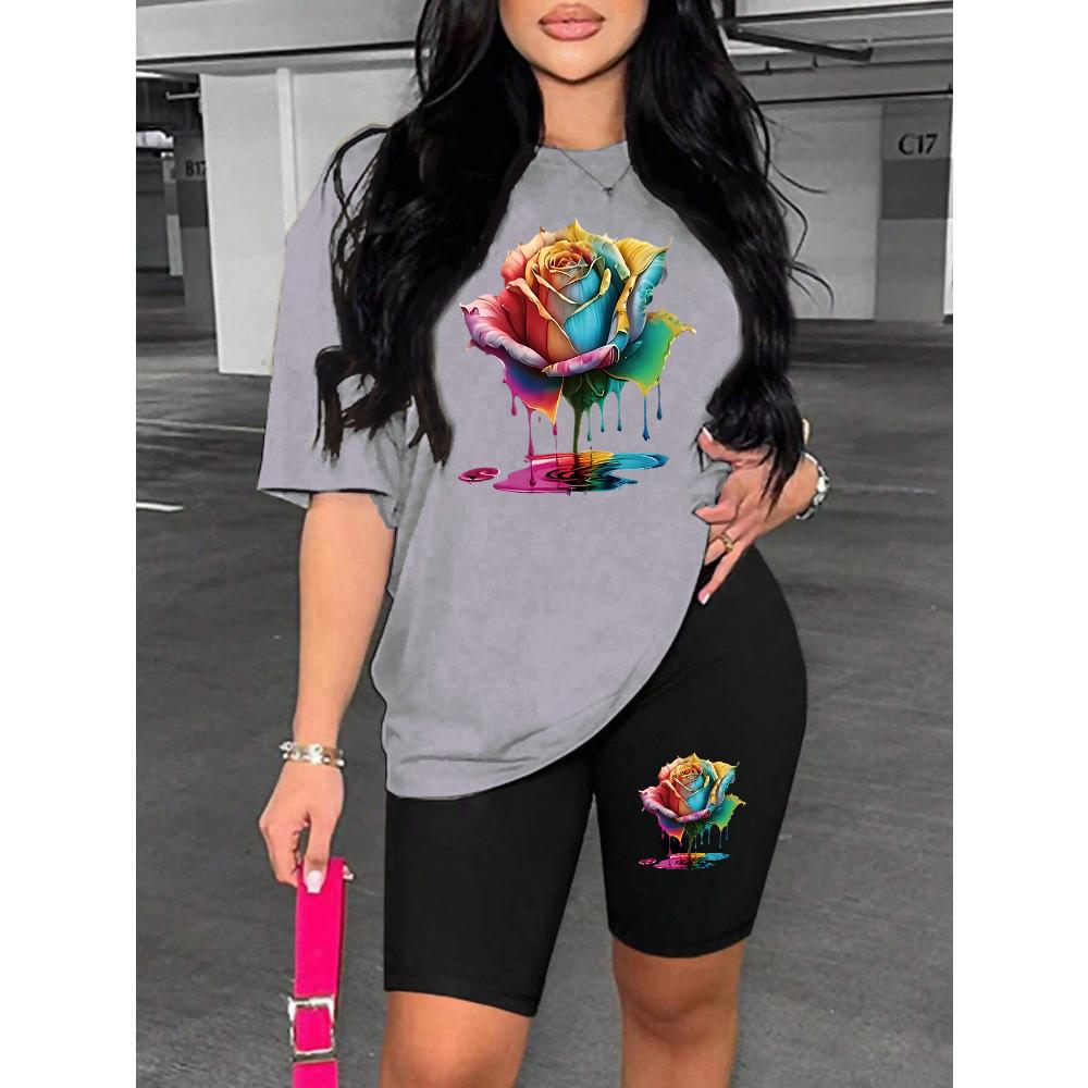 2025 Buntes und schönes Kurzarm-T-Shirt mit Rosendruck, vielseitige Damenbekleidung im klassischen Stil