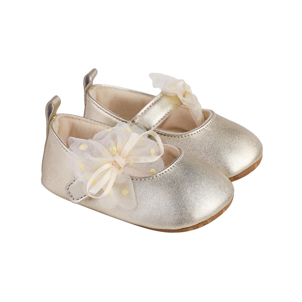 Citgeett Autumn Infant Baby Girls Princess Shoes Dot Print Mesh Bowknot Flats Non-Slip Wedding Slippers Shoes
