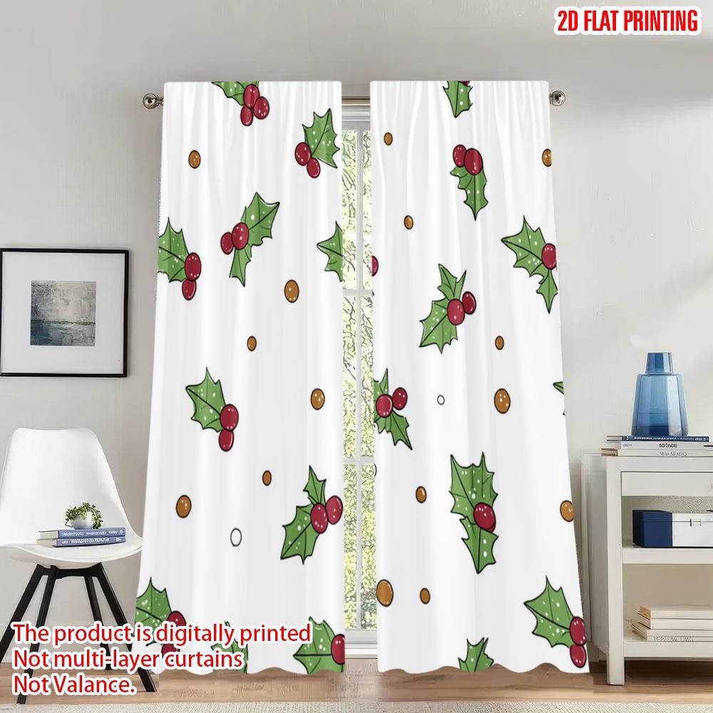 

Set Of 2 Flat Printing Fashionable Christmas Curtains Holly Berries Digital Printed Polyester Drapes Festive Wall Decor Curtain Made W100*H70(CM)-Grommet top&2PCS