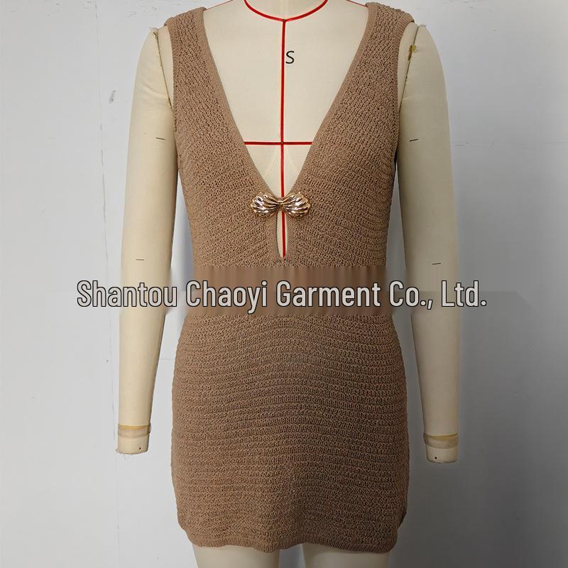 Europäisch-Amerikanisches Strickwestenkleid mit Muschelverzierungen - Unifarbenes Hohlmuster
