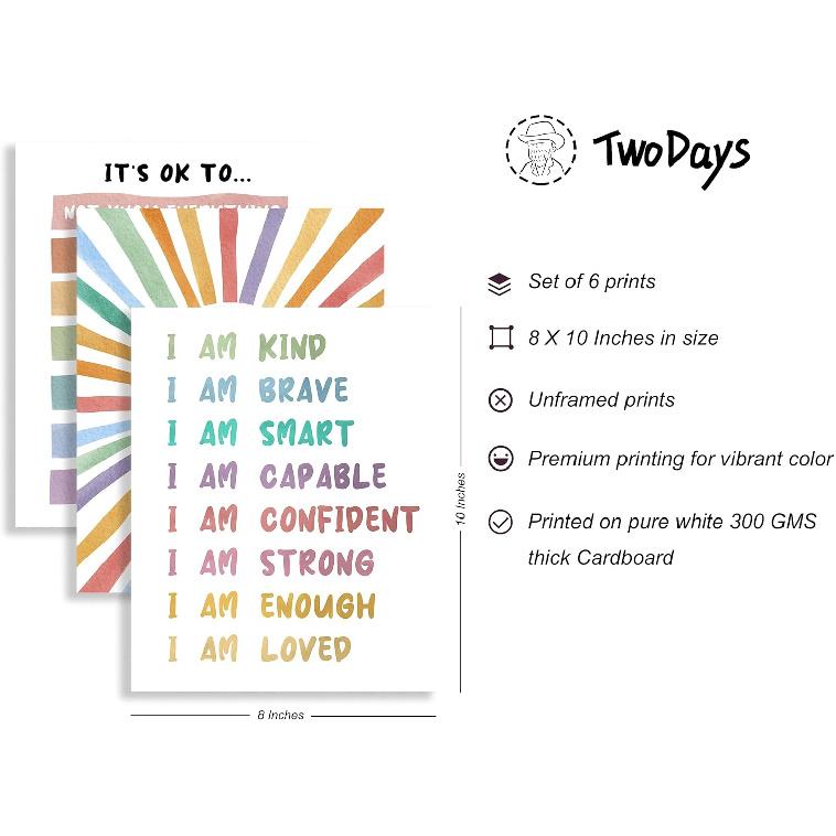TwoDays Positive Affirmations Room Decor for Kids, Boho Classroom pirational Wall Art for Toddler Girls Playroom, I Am Kind Brave Posters for Baby