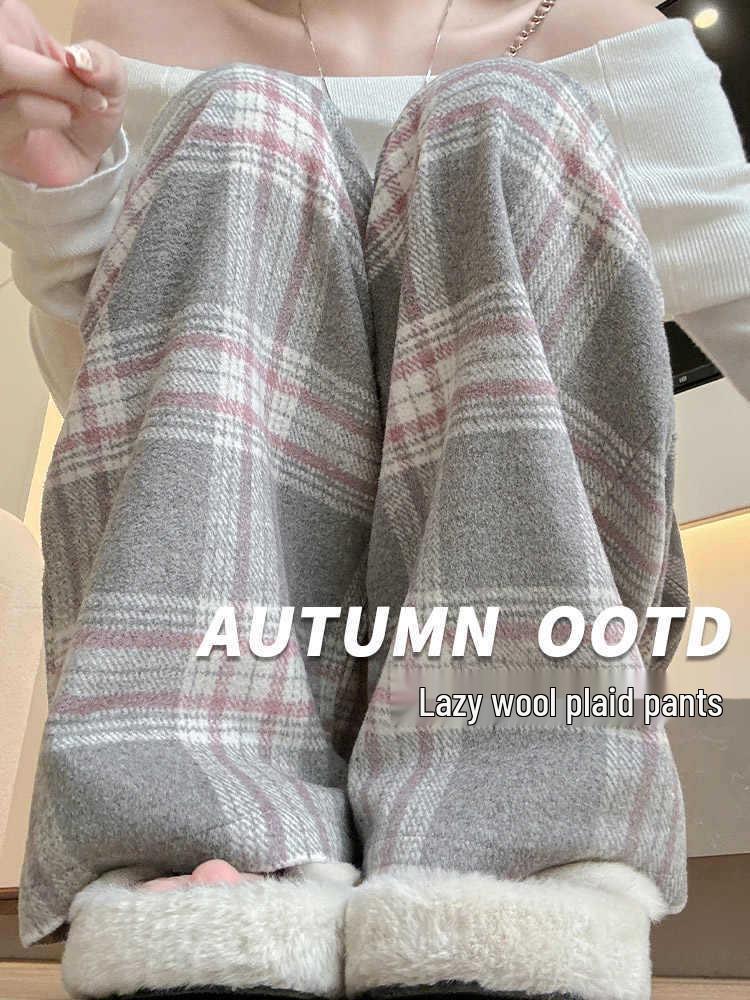 

Women s Gray Plaid High-Waisted Wool Wide-Leg Pants - Spring & Autumn 2025 Collection L