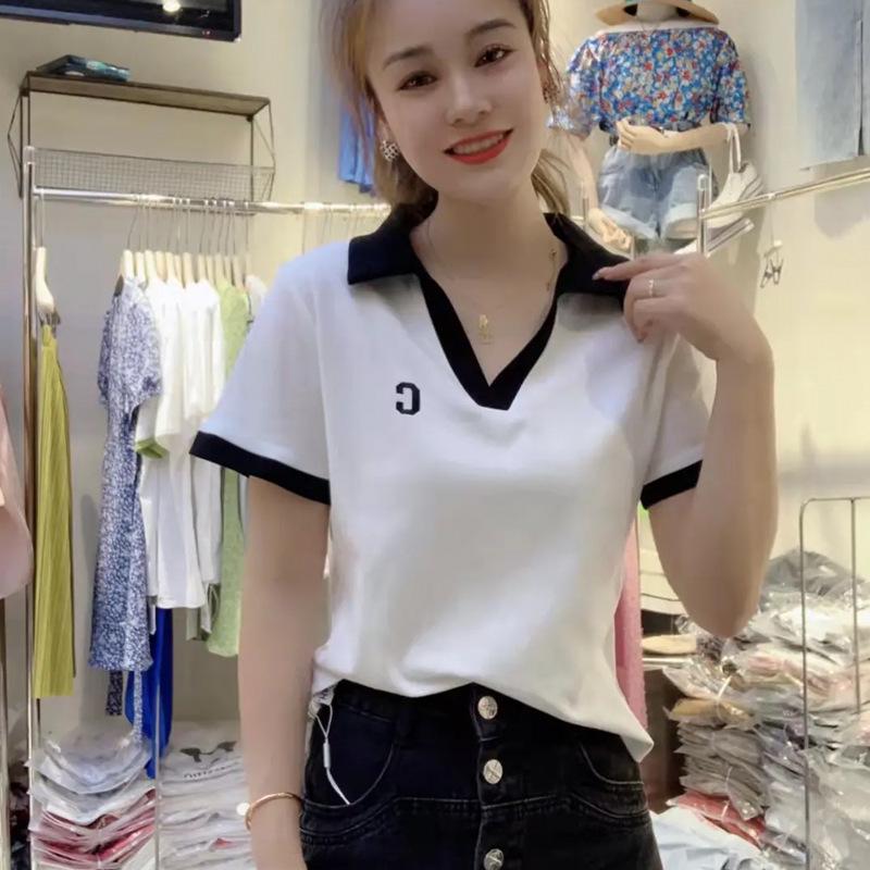 V-Neck Plus Size Women's Polo Shirt - Short Sleeve, Straight Shoulder, Tummy-Covering Slimming Top for Summer 2025.