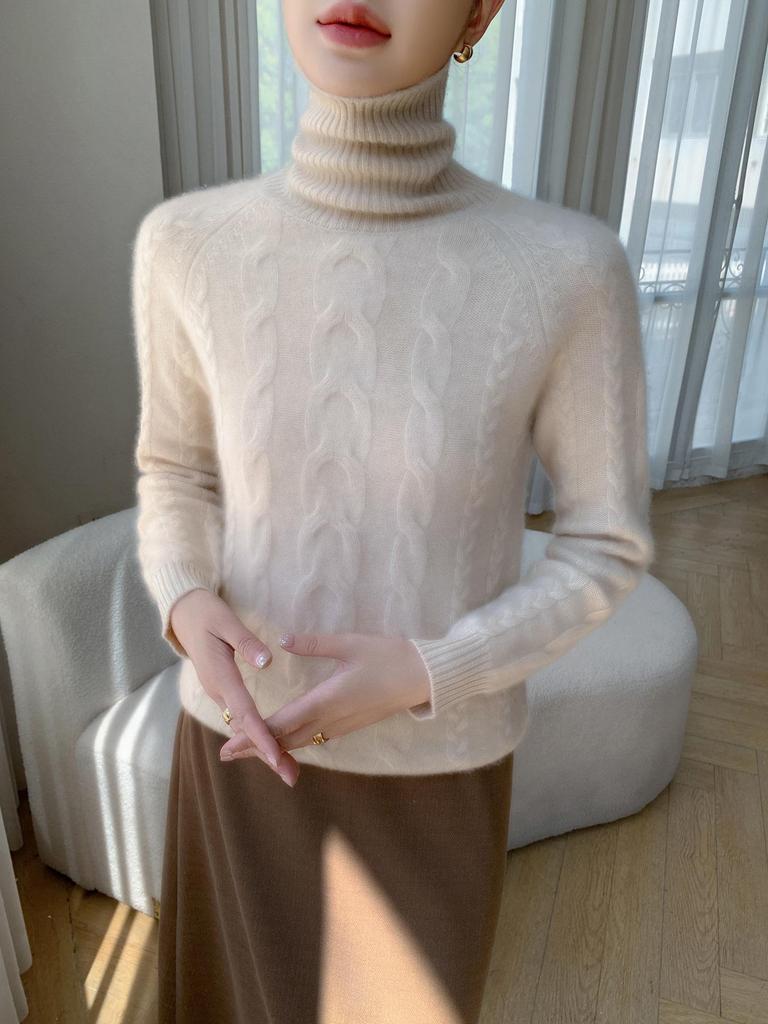 Women's Soft High Neck Cashmere Sweater: 2025 Autumn/Winter Cable Knit, Loose and Versatile, Skin-Friendly.