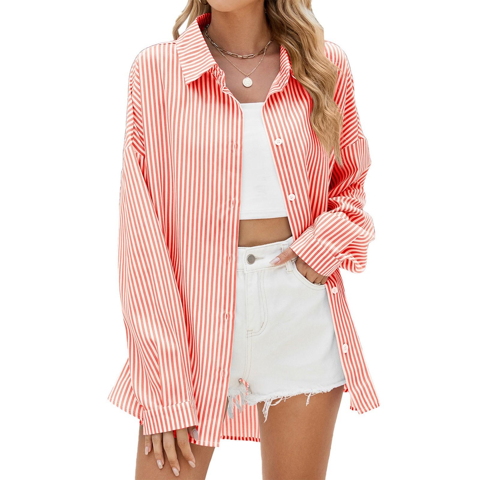 

Женская свободная рубашка-топ в полоску с лацканами и длинными рукавами XL розовый