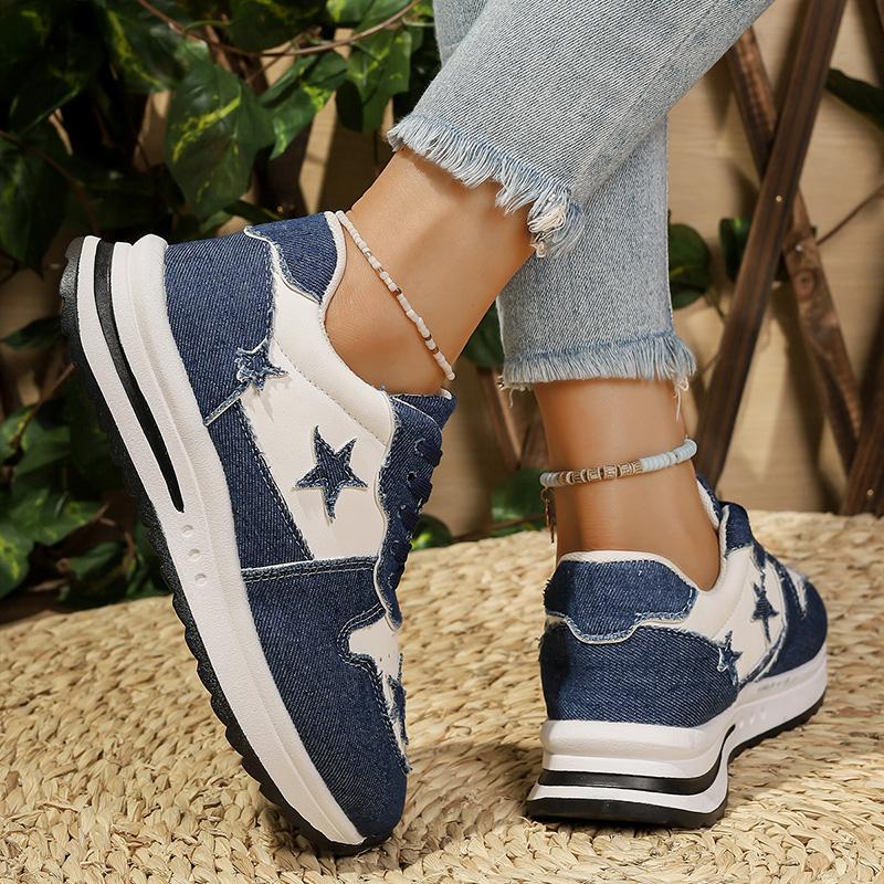 Fashion Mix Color Star Decor Platform Sneakers Women Patchwork Canvas Thick Bottom Vulcanized Shoes Woman Breathable Lace Up Sports Shoe