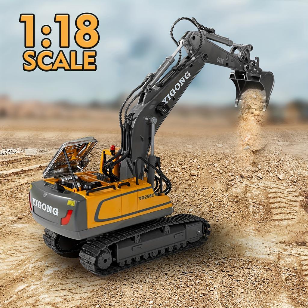 Remote Control Excavator Toy, Construction Toy with Metal Shovel, Light, Various Analog Sound Effects, 2.4GHz 680 Degree Rotation, 1:18 Car Toy Gift