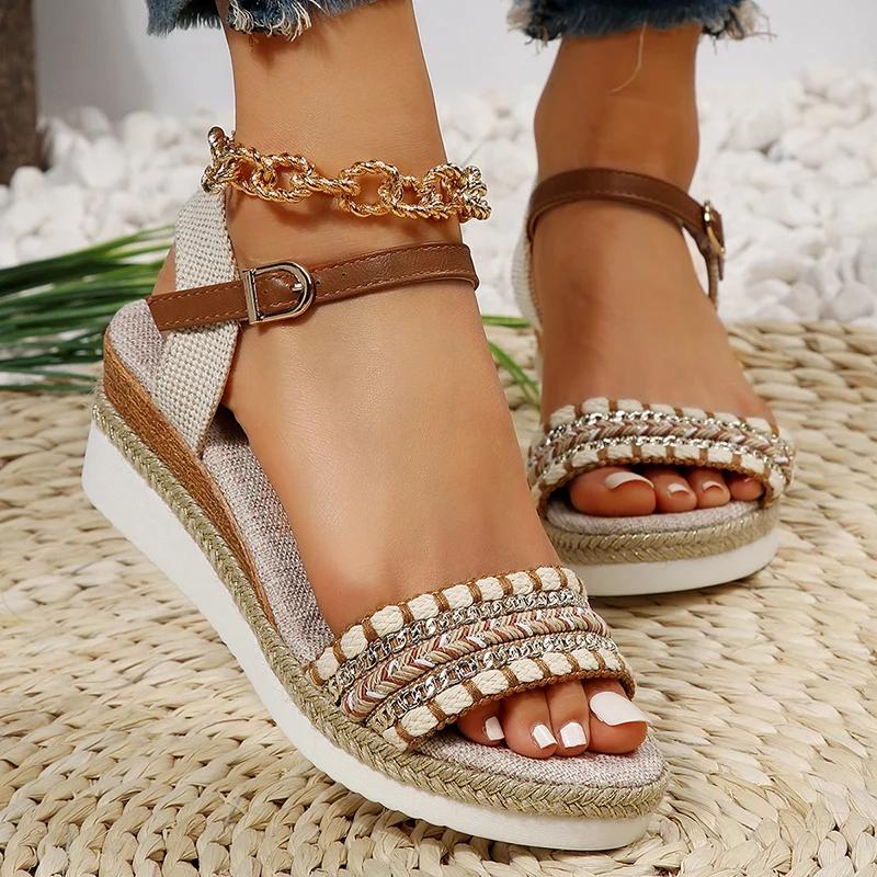 Fashion Retro Checkered High Heel Sandals for Women New Back Strap Thick Bottom Sandals Woman Summer Round Toe Anti-Slip Sandalias Mujer