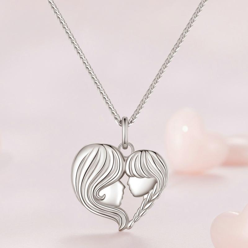 BISAER 925 Silver Mother & Child Pendant Necklaces Heart Charm Adjustable Chain For Women Mother's Day Birthday Jewelry