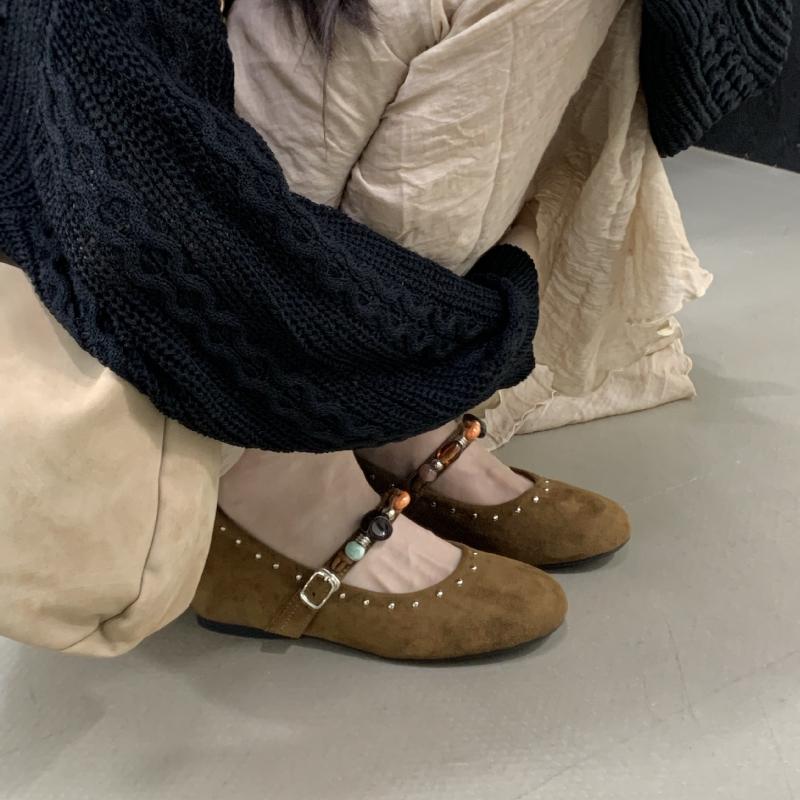 Fashion Retro Faux Suede Ballet Flats Women Luxury Gemstone Metal Rivet Decoration Designer Shoes Cozy Round Toe Shallow Mary Jane Shoes