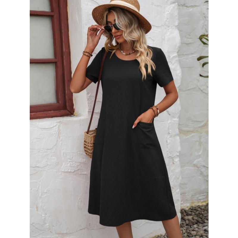 Fashion Loose Round Neck Short Sleeve Dress Pockets Solid Color Casual A-line Summer Dress Party Sweet Casual Simple Clothing