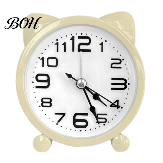 Silent Movement Desk Clock Cat Ear Alarm for Kids, Non-Ticking Metal Analog Small Clock, Battery Powered Home Office Decor Easy To Read