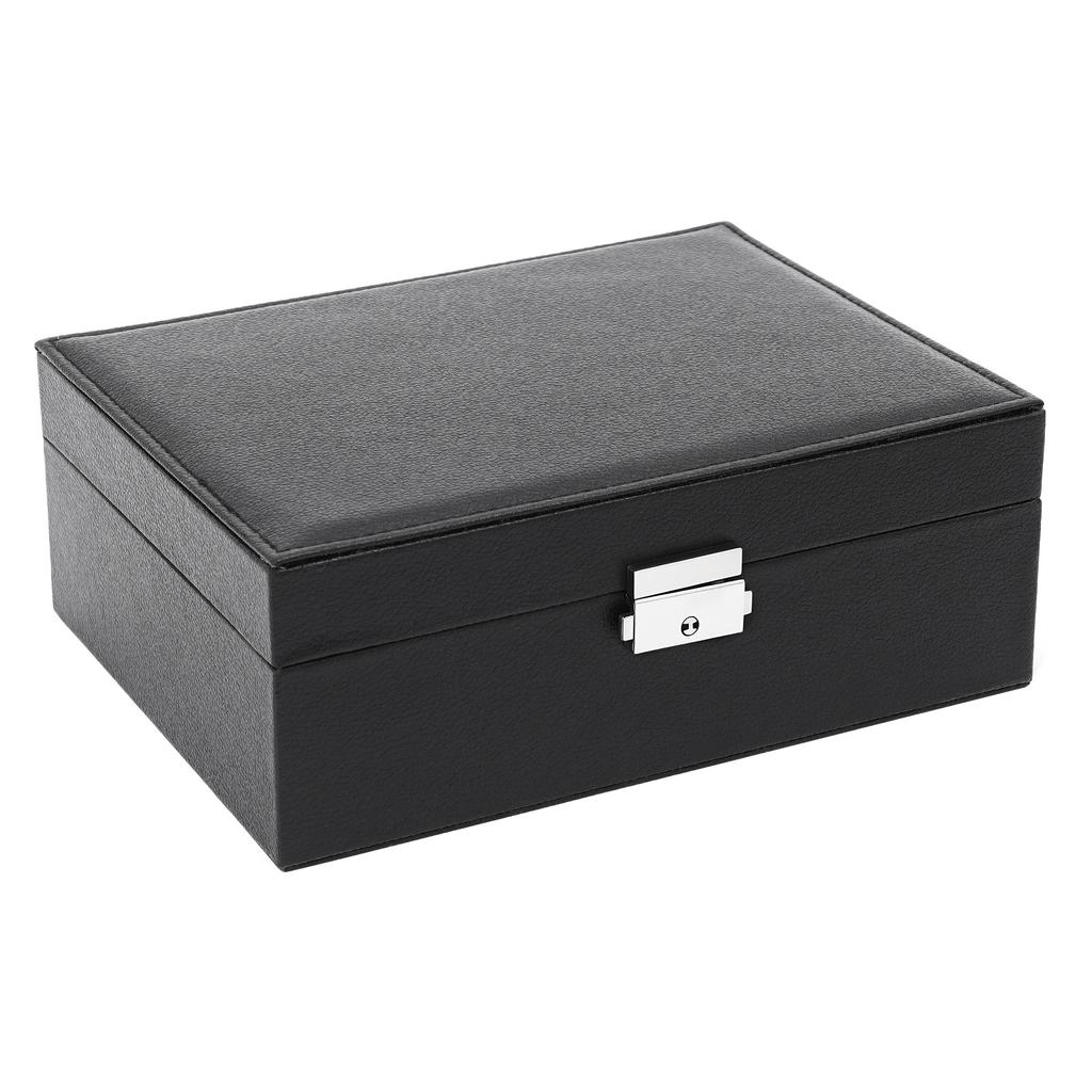 2-Tier Black Jewelry Box with Lock, Portable Travel Jewelry Organizer Case, PVC Velvet Storage for Necklace Ring Earring