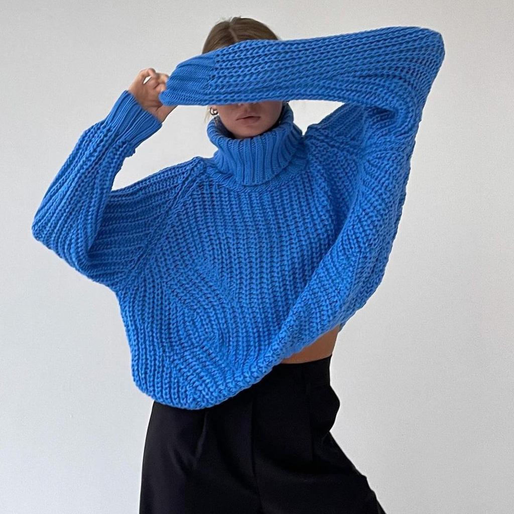 Autumn Winter Vintage Loose Long Sleeve Top Solid Color Pullover Knitwear Stand Collar Sweater