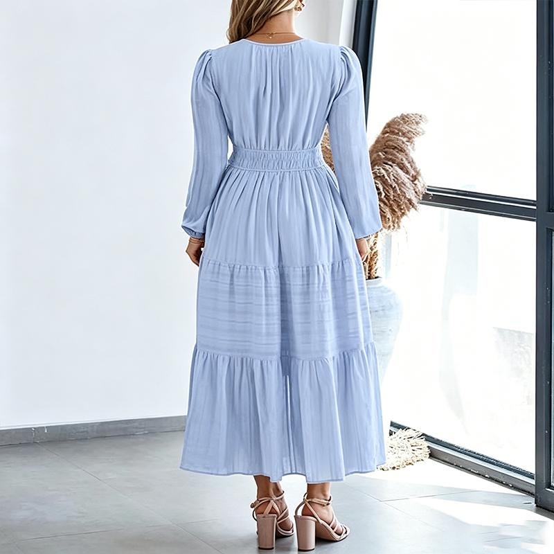 Abito Lungo da Donna con Scollo a V, Manica Lunga, a Strati, Vita Arricciata, Orlo a Volant, Abito Casual per Primavera ed Estate