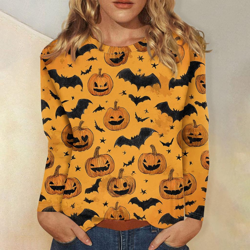 Women's Fashion Casual Halloween Printed Round Neck Long Sleeve Pullover Top