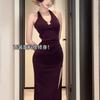 instahot purple neck diamond chain V-neck dress dress women's beautiful high-end split slim backless dress
