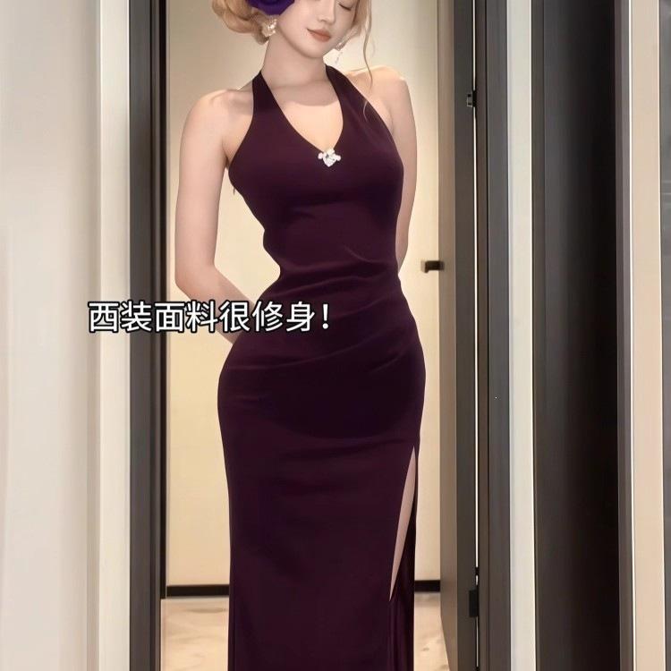 instahot purple neck diamond chain V-neck dress dress women's beautiful high-end split slim backless dress
