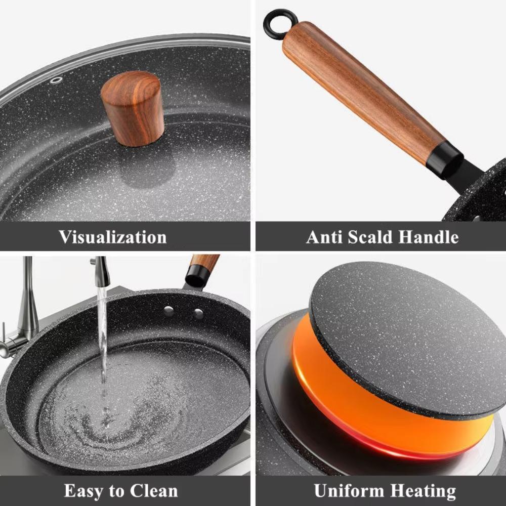 Flat Bottomed Stir Fry Pan Wood Handle Omelette Skillet Multipurpose Frying Pan  Steak