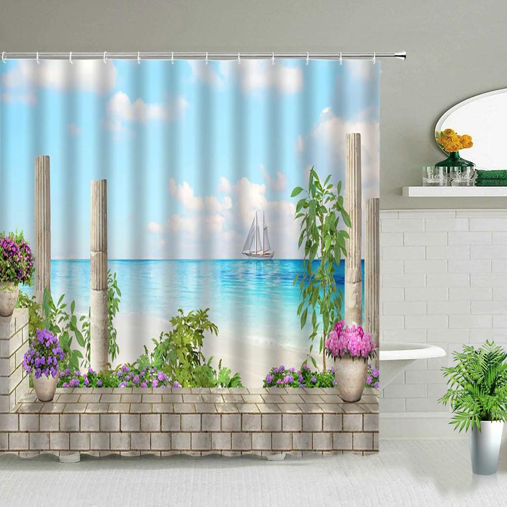 Ocean Scenery Shower Curtains Ldyllic Building Flower Plant Spring Landscape Bathroom Curtain Waterproof Fabric Bathtub Screen