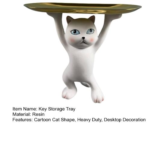 Cartoon Cat Key Storage Tray Resin Standing Cat Figurine Statue with Tray Multi-purpose Jewelry Trinket Holder Organizer Decoration