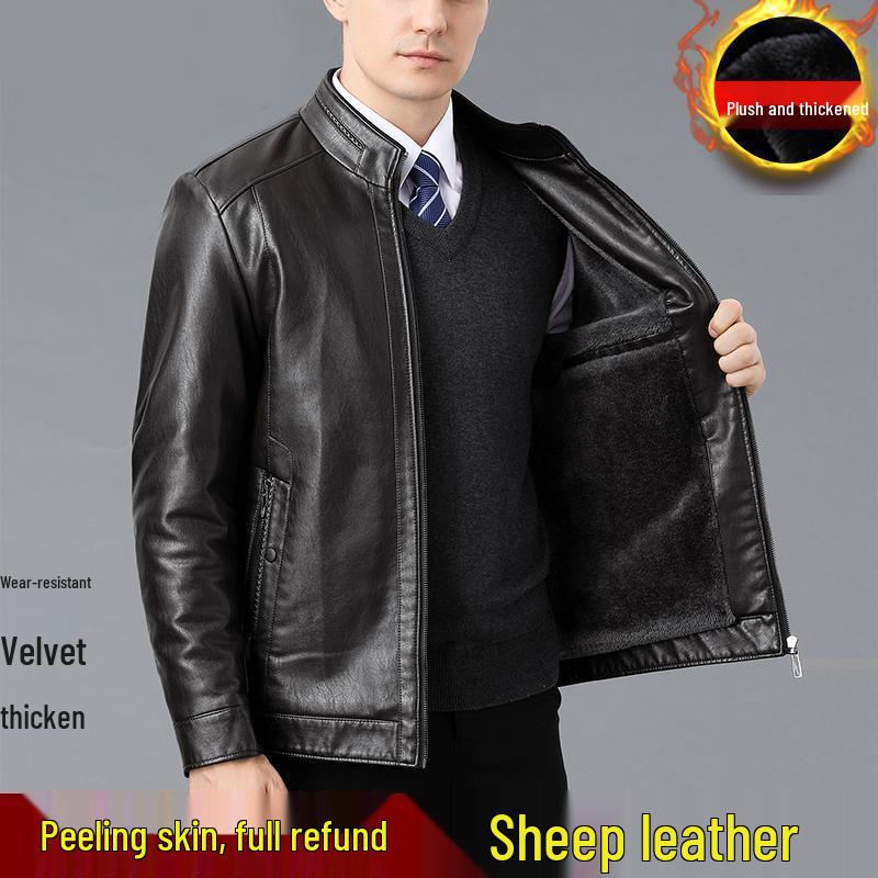 Men's Shearling Leather Jacket with Fleece Lining for Middle-Aged and Elderly Dads
