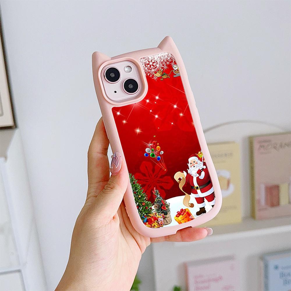 Cat Ear Soft Phone Case for iPhone 16 15 14 13 12 Pro Max Anti-Drop Transparent Acrylic Back Cover NY36 New Year Christmas Santa Claus Christmas tree
