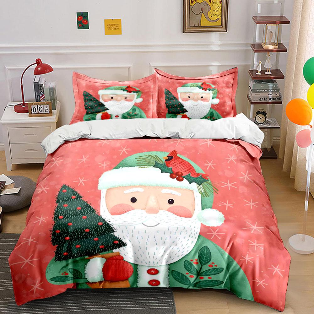 Santa with Tree and Cardinal Bedding Duvet Cover Set Duvet Cover Pillowcases (1*Duvet Cover 2*Pillowcases, Without Duvet Insert)