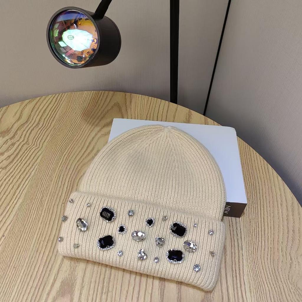 Rhinestone Rabbit Wool Hat for Women In Autumn and Winter White Big Head Knitted Hat Showing Face Small Northeast Wool Hat Cold Hat