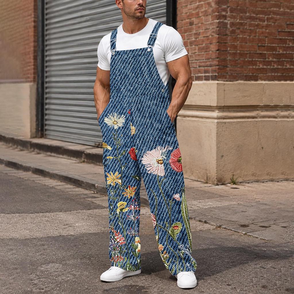Men's Loose Fit Cargo Overalls Wide Leg Jumpsuit with Multi-Pocket Utility Pockets
