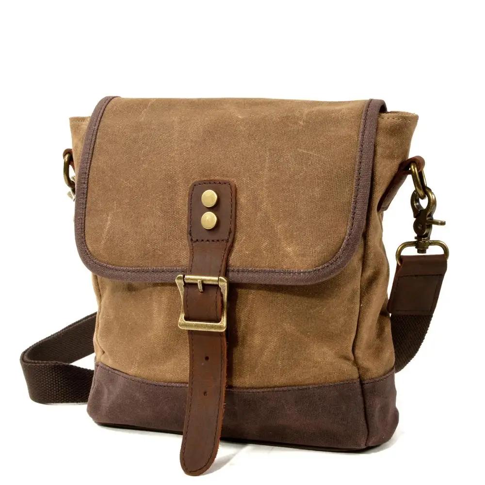 Casual Simple Canvas Shoulder Bag Men's Trendy Crossbody Batik Canvas with Leather Outdoor Travel Small Satchels
