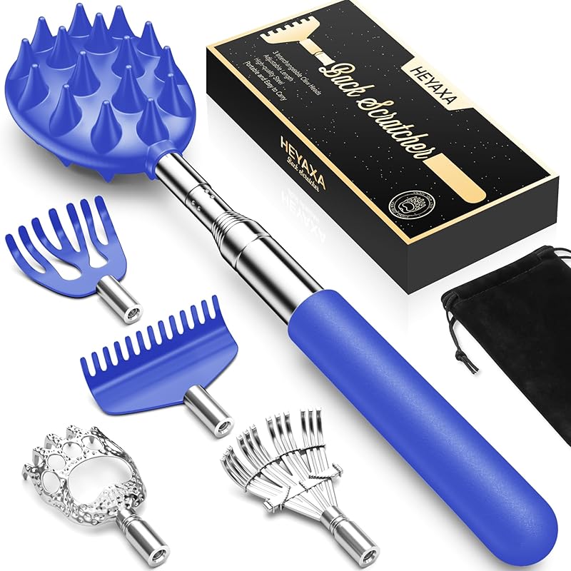 Telescoping Back Scratcher with 3Pcs Detachable Heads, Gifts for Christmas, Stocking Stuffers Birthday Gifts for Men, Women, Him, Her, Dad Regular