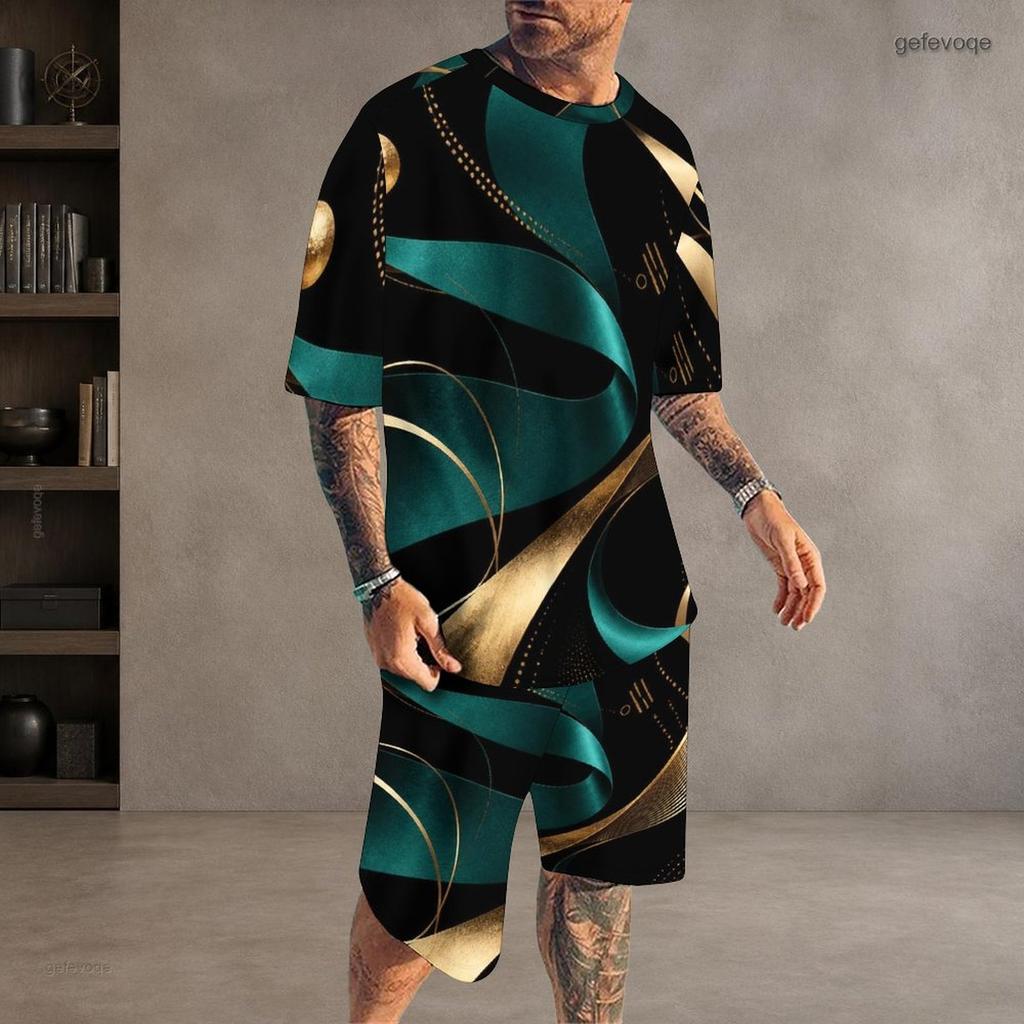 Men s Plus Size Printed Round Neck Short Sleeve Top And Shorts Two Piece Set