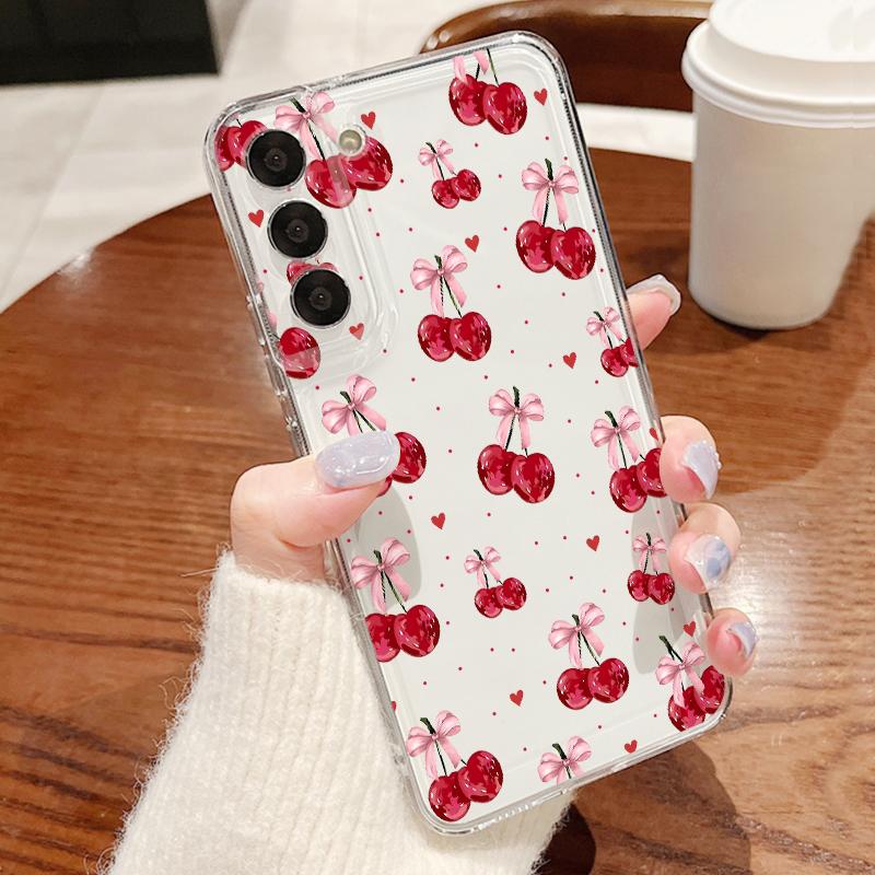 Cherry Bowknots Case For Samsung A57 S26 Ultra A37 A17 A56 A36 A26 A16 A55 A35 A25 A15 A54 5G S21 FE S22 S23 S24 S25 Plus Clear TPU Soft Cover