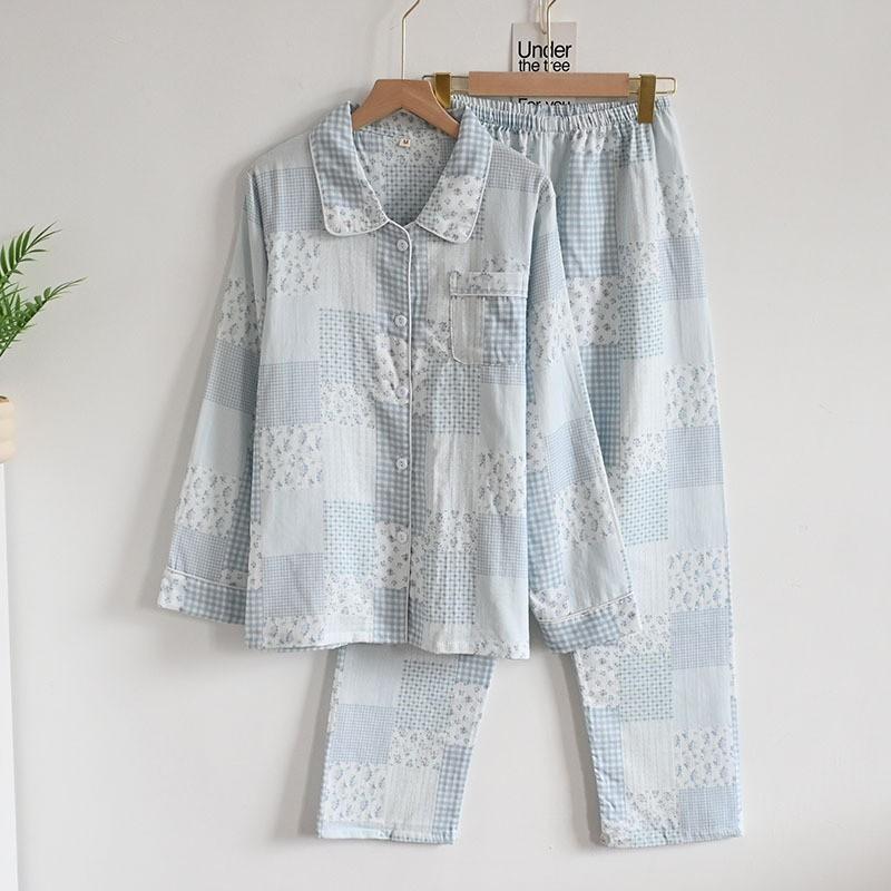 100% Cotton Gauze Pajamas Set Women Thin Breathable Long Sleeve Pants Loungewear