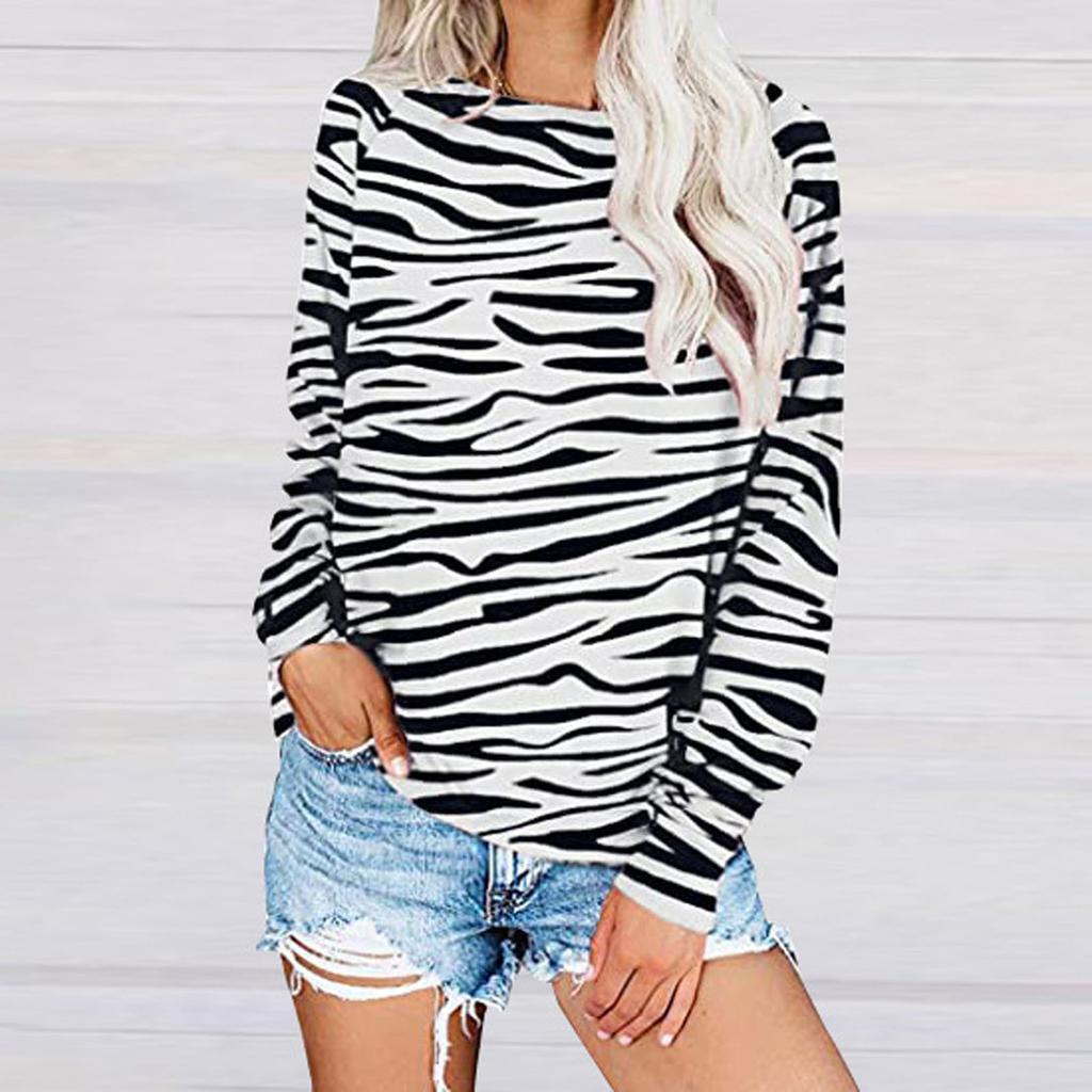 Fashion Women Loose Leopard Stripes Printed Blouse Long Sleeves T-Shirt Tops