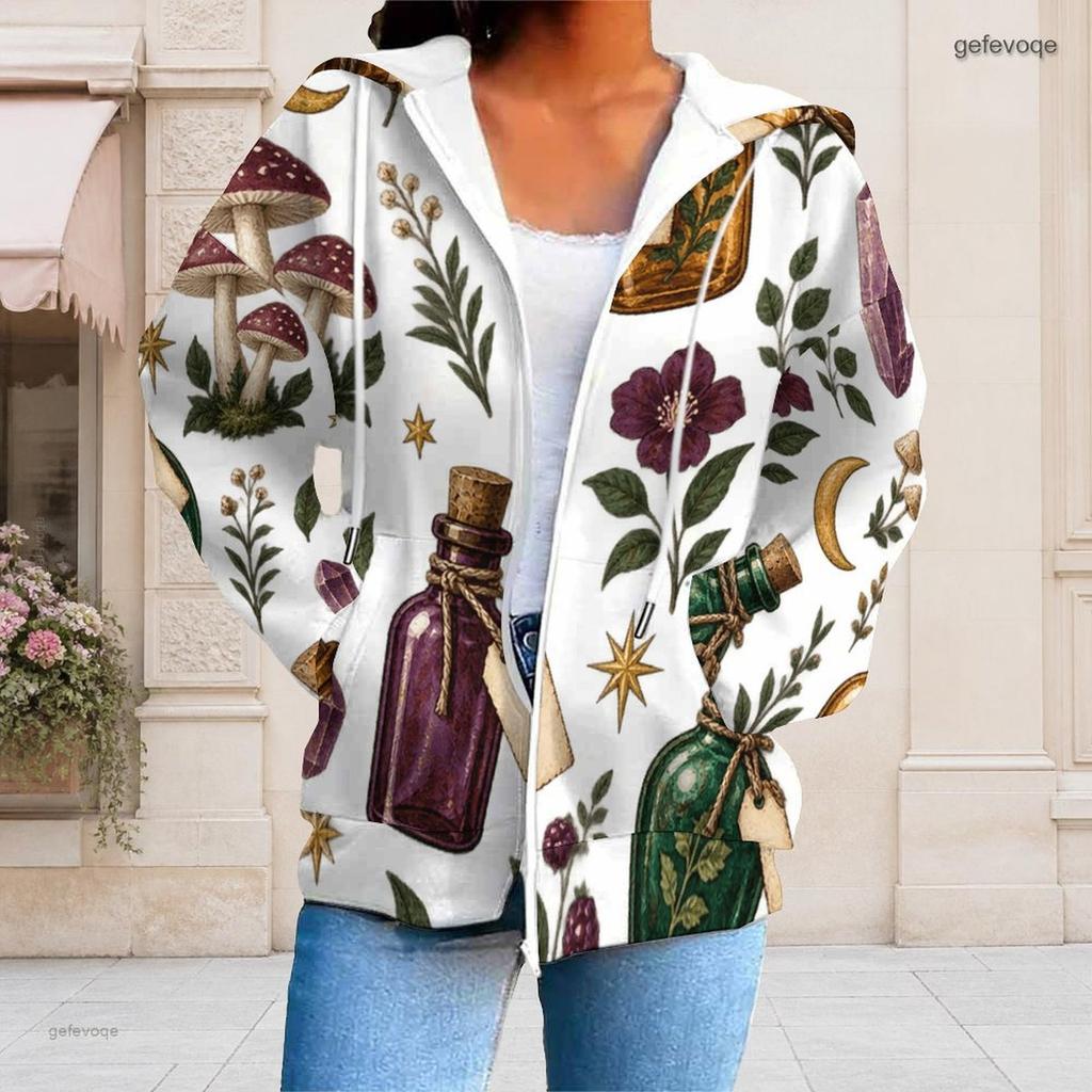 Women Plus Size Zip Up Long Sleeve Hoodie White Raven Rose Key Print Drawstring Hood With Pockets