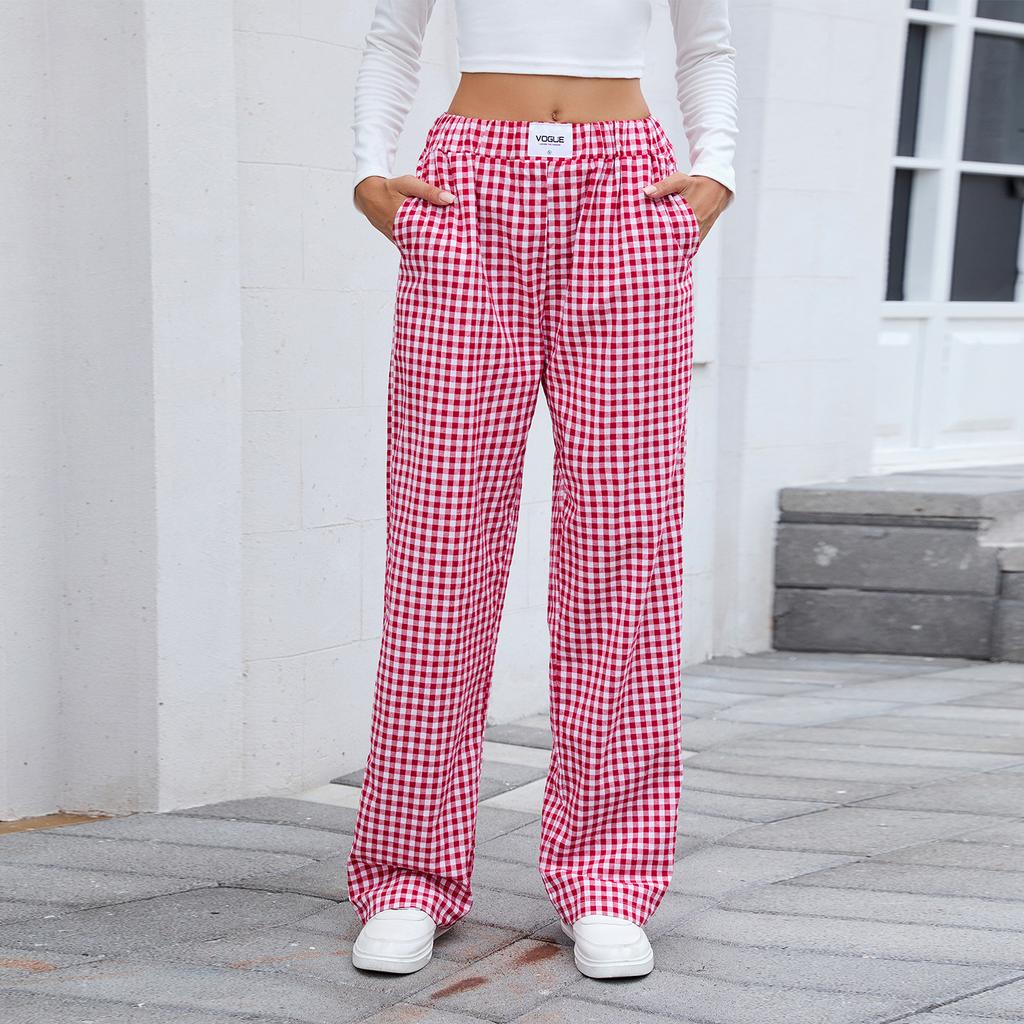 European and American Women's Pure Cotton Plaid Casual Boxer Pants Loose Pocket Trousers