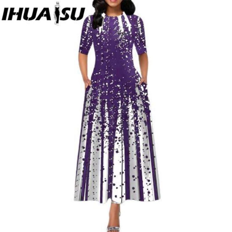 

IHUASU Повседневное женское платье-пуловер со средней талией и круглым вырезом, платье с принтом и большим подолом, платье с коротким рукавом и длиной до щиколотки, женские платья XXXXXL фиолетовый