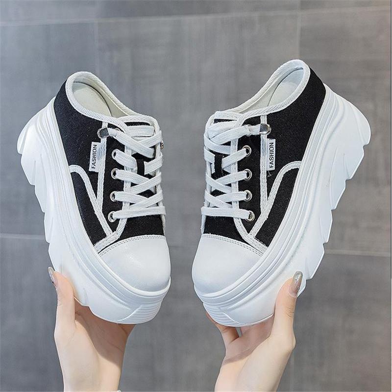 Fashion 9cm Canvas Genuine Leather Women Summer Shoes Wedge Sneakers Platform Slippers Shoes Slip on Sandals Slideds High Heel