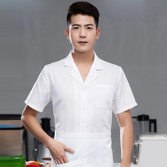 Unisex Chef Restaurant Jacket Lapel Short Sleeve Patch Pocket Chef Coat Men Women Single Breasted Kitchen Wear Waiter Bakery Uniform